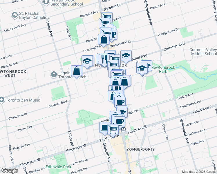 map of restaurants, bars, coffee shops, grocery stores, and more near 5800 Yonge Street in Toronto