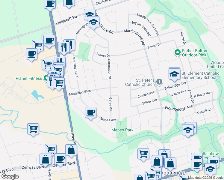 map of restaurants, bars, coffee shops, grocery stores, and more near 175 Medallion Boulevard in Vaughan