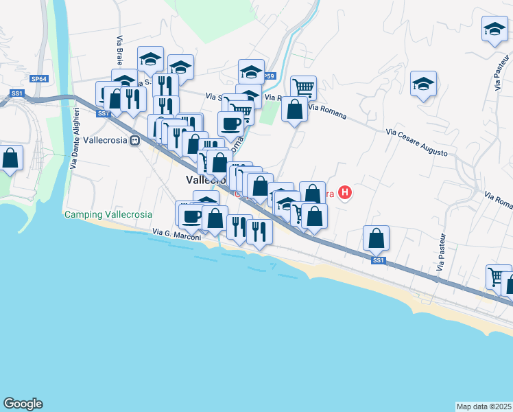 map of restaurants, bars, coffee shops, grocery stores, and more near 339 Via Aprosio Col. in Vallecrosia