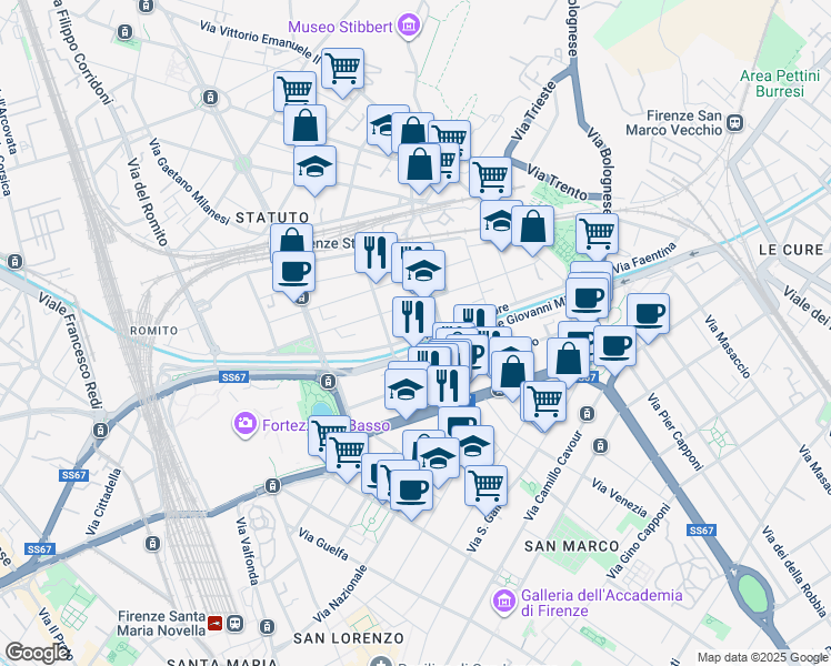 map of restaurants, bars, coffee shops, grocery stores, and more near 84 Via XX Settembre in Firenze