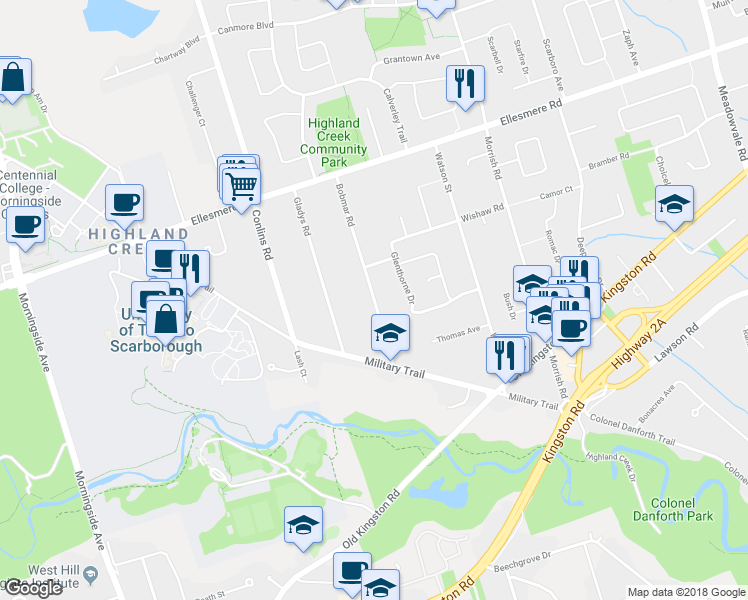 map of restaurants, bars, coffee shops, grocery stores, and more near 38 Bobmar Road in Toronto