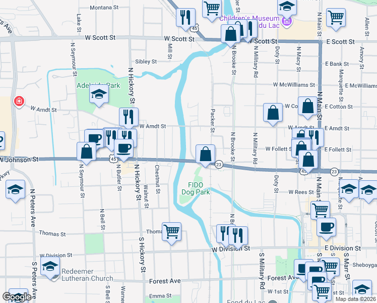 map of restaurants, bars, coffee shops, grocery stores, and more near 214 Satterlee Street in Fond du Lac