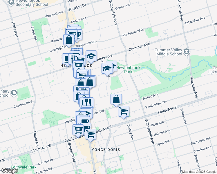 map of restaurants, bars, coffee shops, grocery stores, and more near 11 Cushendale Drive in Toronto
