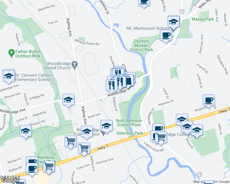 map of restaurants, bars, coffee shops, grocery stores, and more near 15 Fairground Lane in Vaughan