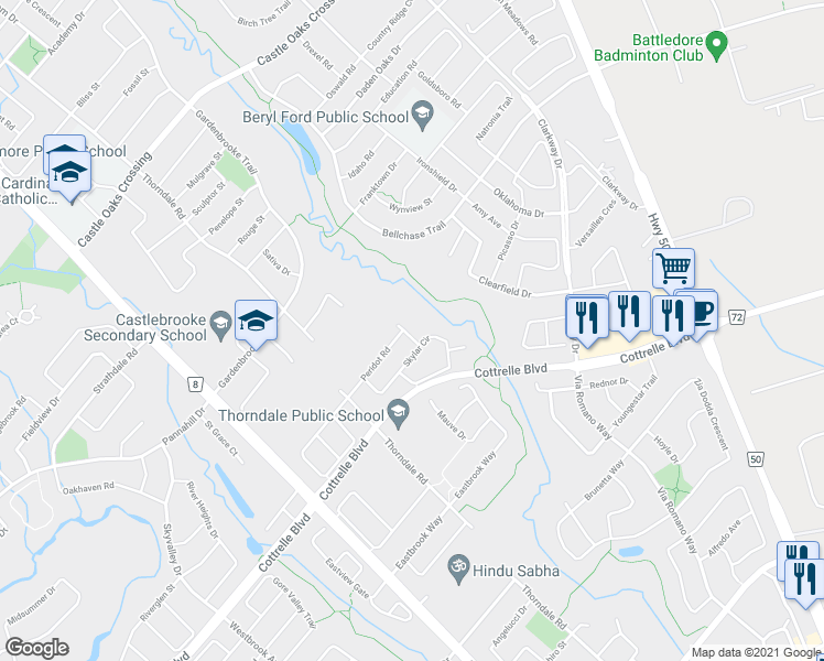 map of restaurants, bars, coffee shops, grocery stores, and more near 5 Aveena Road in Brampton