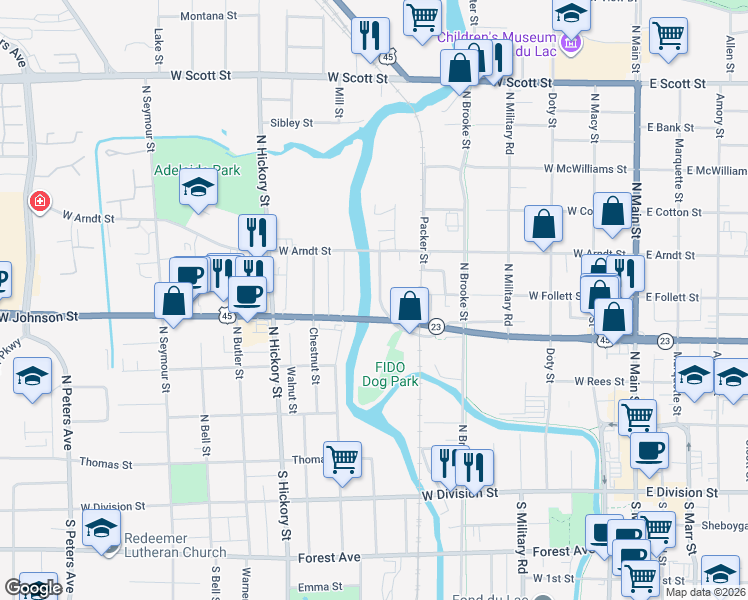 map of restaurants, bars, coffee shops, grocery stores, and more near 214 Satterlee Street in Fond du Lac