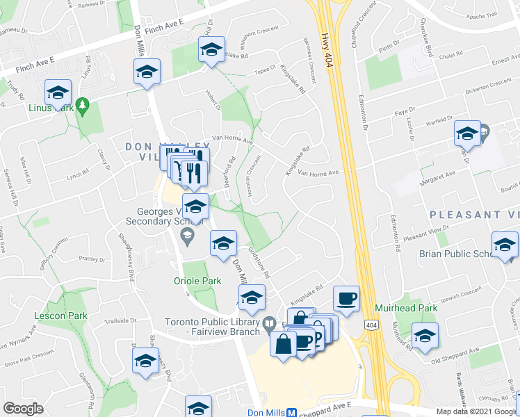 map of restaurants, bars, coffee shops, grocery stores, and more near 32 Houston Crescent in Toronto