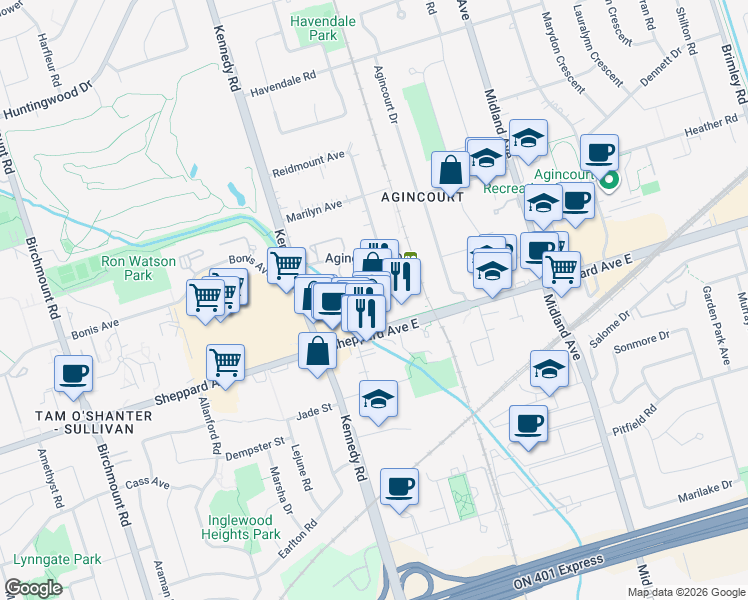 map of restaurants, bars, coffee shops, grocery stores, and more near 10 Reidmount Avenue in Toronto