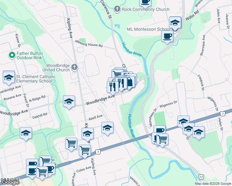 map of restaurants, bars, coffee shops, grocery stores, and more near 160 Woodbridge Avenue in Vaughan