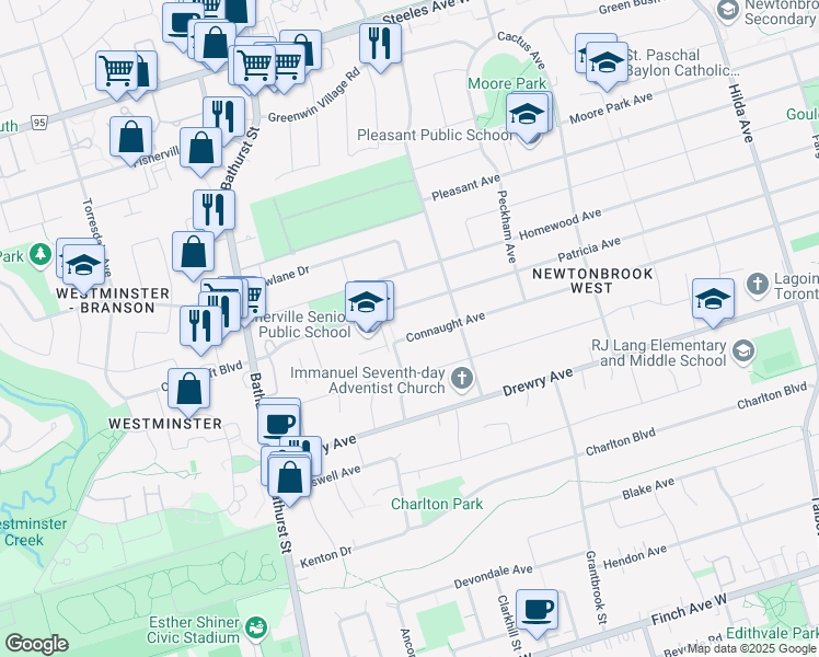 map of restaurants, bars, coffee shops, grocery stores, and more near 434 Connaught Avenue in Toronto