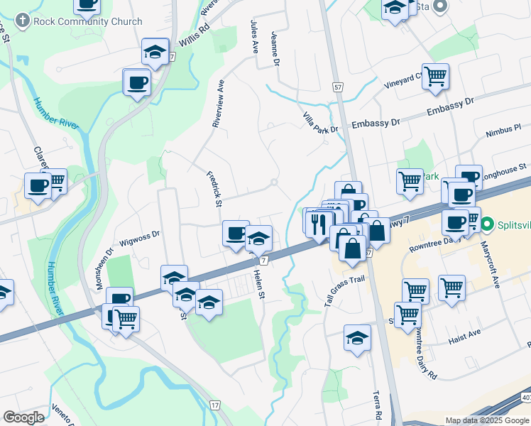 map of restaurants, bars, coffee shops, grocery stores, and more near 54 Ingleside Street in Vaughan
