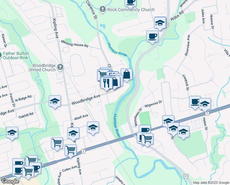 map of restaurants, bars, coffee shops, grocery stores, and more near 121 Woodbridge Avenue in Vaughan