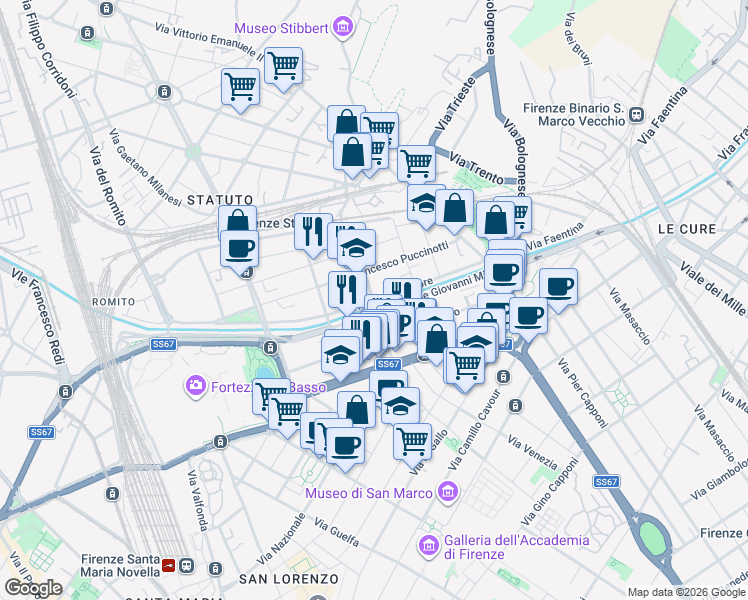 map of restaurants, bars, coffee shops, grocery stores, and more near 84 Via XX Settembre in Firenze