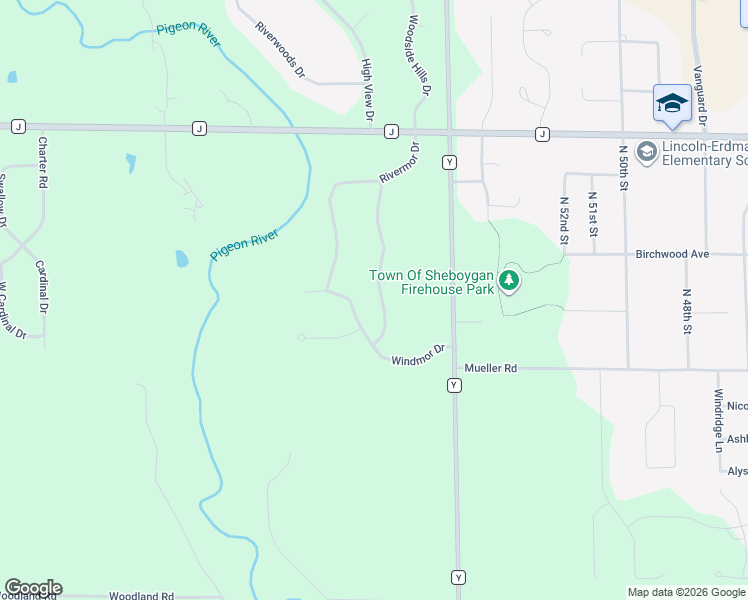 map of restaurants, bars, coffee shops, grocery stores, and more near N6762 Ridgemor Drive in Sheboygan