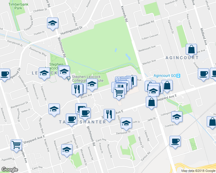 map of restaurants, bars, coffee shops, grocery stores, and more near 132 Bonis Avenue in Toronto