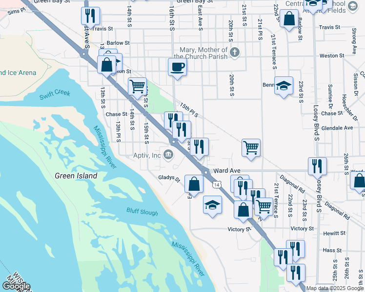 map of restaurants, bars, coffee shops, grocery stores, and more near 3119 South Avenue in La Crosse