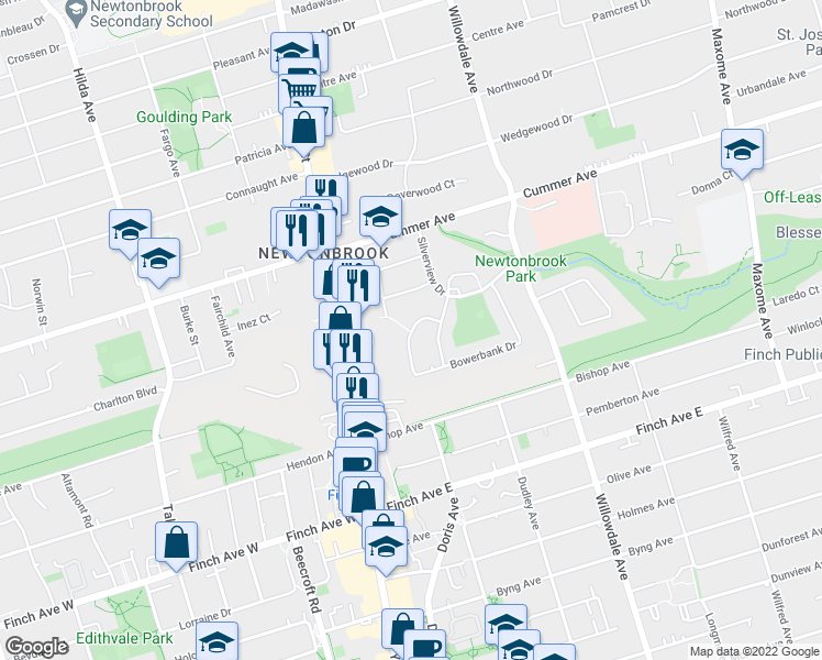 map of restaurants, bars, coffee shops, grocery stores, and more near 16 Deering Crescent in Toronto