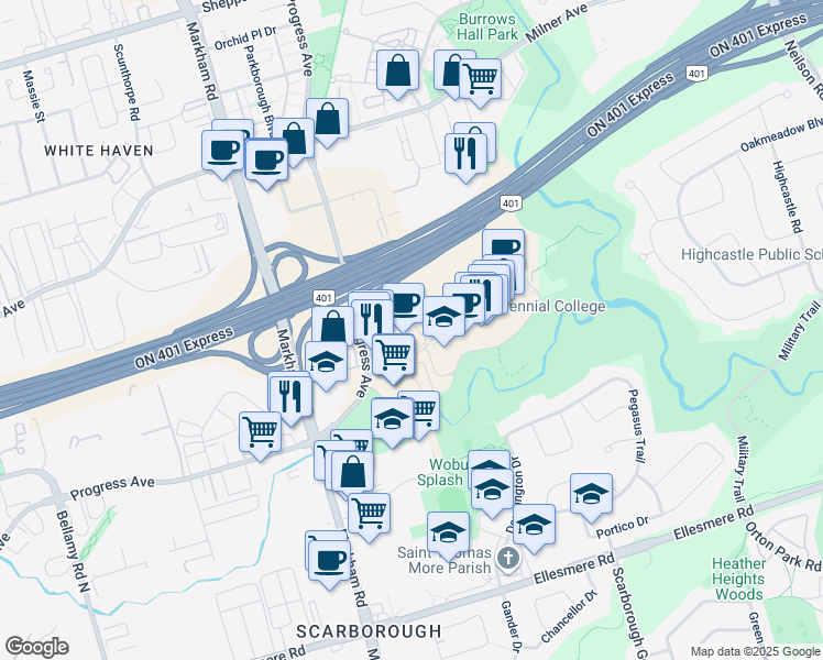map of restaurants, bars, coffee shops, grocery stores, and more near 937 Progress Avenue in Toronto