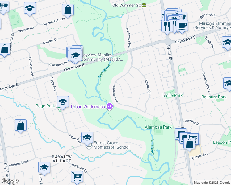 map of restaurants, bars, coffee shops, grocery stores, and more near 56 Alamosa Drive in Toronto