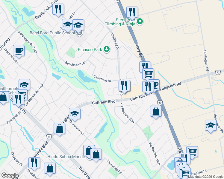 map of restaurants, bars, coffee shops, grocery stores, and more near 4 Bersan Terrace in Brampton