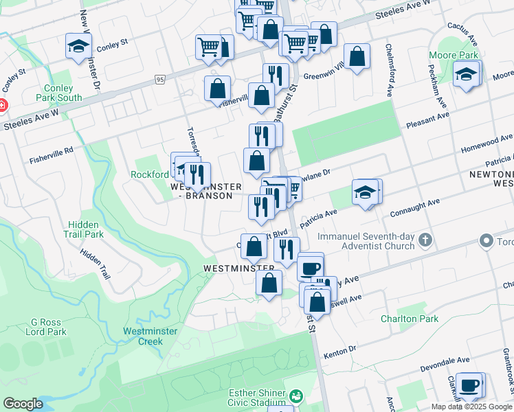 map of restaurants, bars, coffee shops, grocery stores, and more near 15 Rockford Road in Toronto