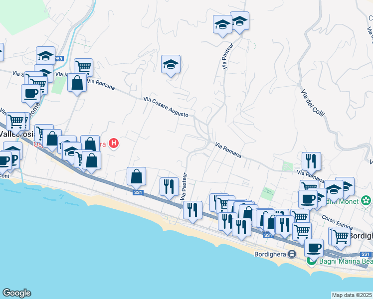 map of restaurants, bars, coffee shops, grocery stores, and more near 2 Via Genova in Bordighera