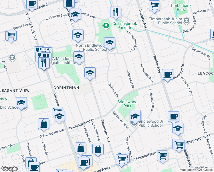 map of restaurants, bars, coffee shops, grocery stores, and more near 26 Kilkenny Drive in Toronto