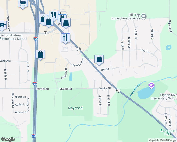 map of restaurants, bars, coffee shops, grocery stores, and more near 3904 Wisconsin 42 in Sheboygan
