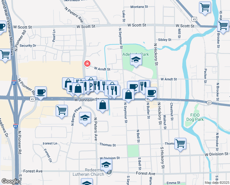 map of restaurants, bars, coffee shops, grocery stores, and more near 222 N Seymour St in Fond du Lac