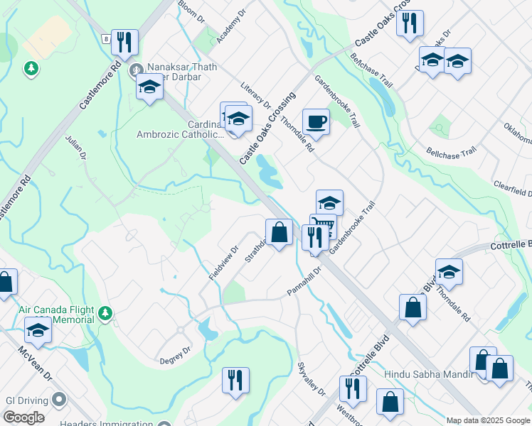 map of restaurants, bars, coffee shops, grocery stores, and more near 12 Daleridge Crescent in Brampton
