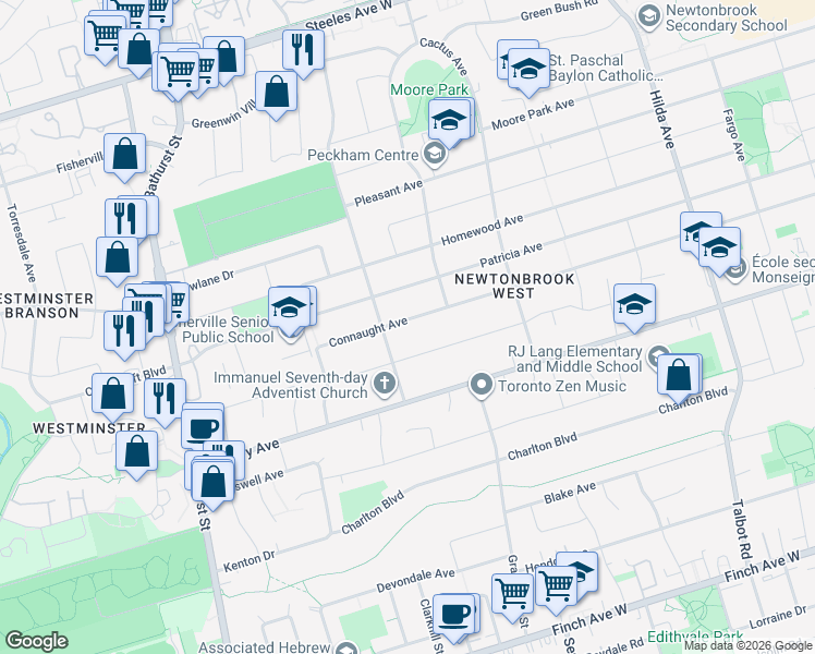 map of restaurants, bars, coffee shops, grocery stores, and more near 399 Connaught Avenue in Toronto