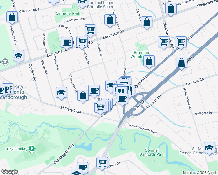 map of restaurants, bars, coffee shops, grocery stores, and more near 302 Morrish Road in Toronto