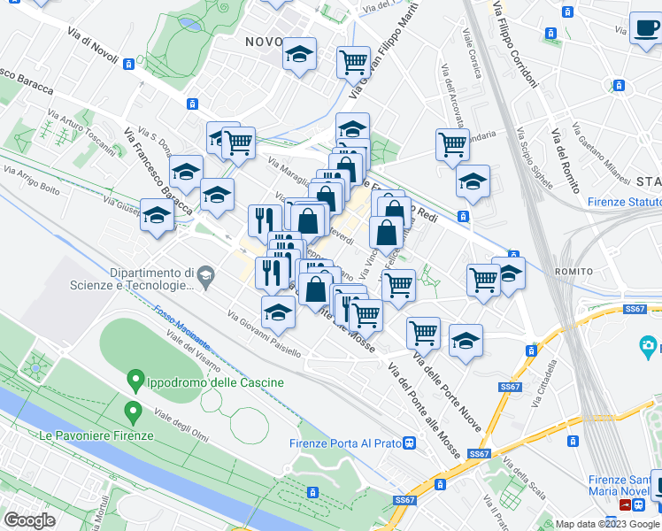 map of restaurants, bars, coffee shops, grocery stores, and more near in Firenze