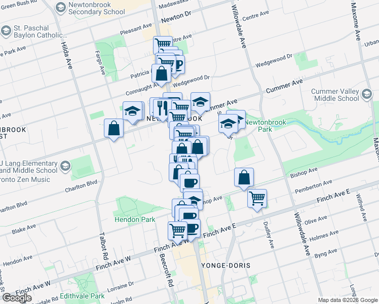 map of restaurants, bars, coffee shops, grocery stores, and more near 8 Olympic Garden Drive in Toronto