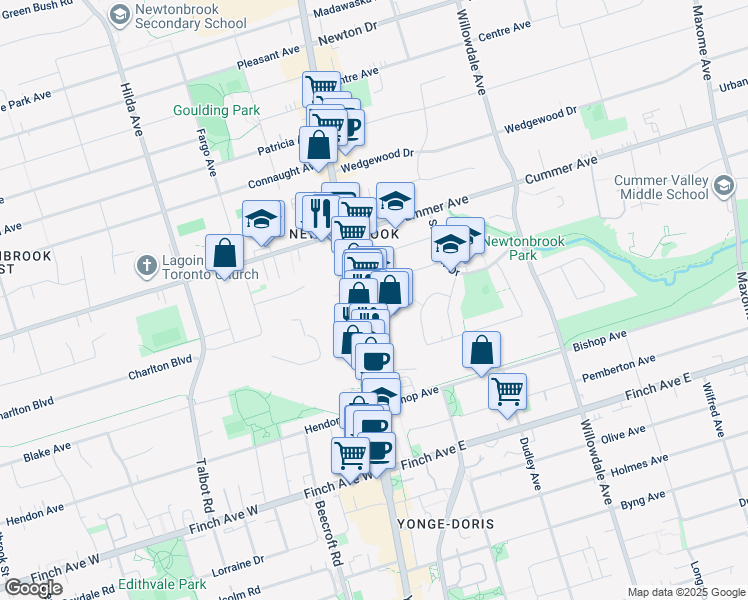 map of restaurants, bars, coffee shops, grocery stores, and more near 8 Olympic Garden Drive in Toronto