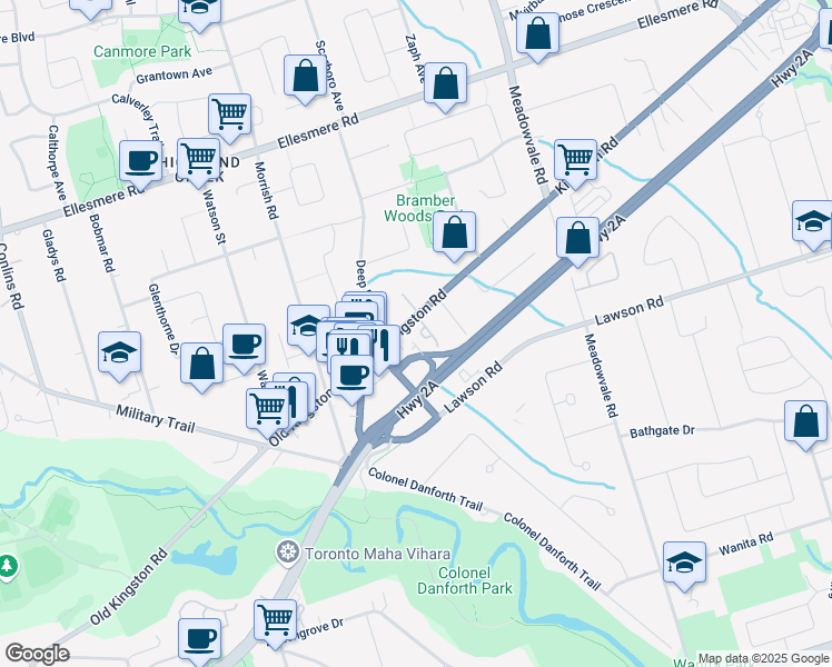 map of restaurants, bars, coffee shops, grocery stores, and more near 6157 Kingston Road in Toronto