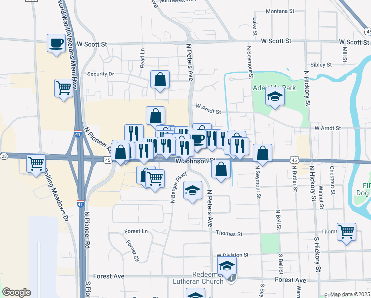 map of restaurants, bars, coffee shops, grocery stores, and more near 727 West Johnson Street in Fond du Lac