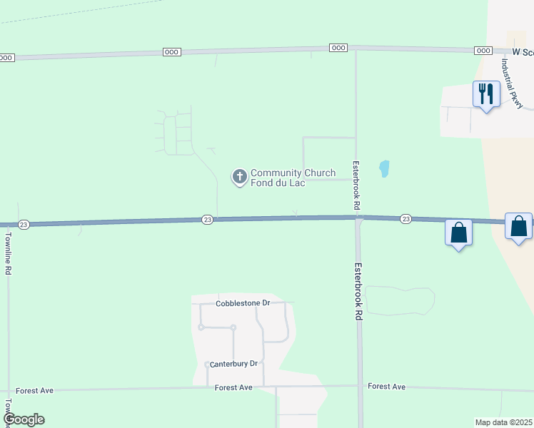 map of restaurants, bars, coffee shops, grocery stores, and more near W6993 Wisconsin 23 Trunk in Fond du Lac