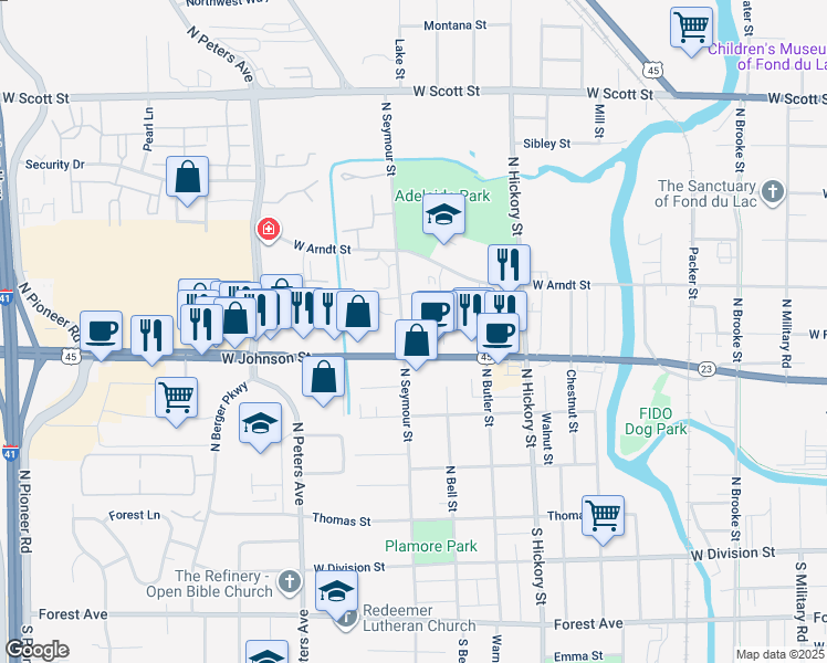 map of restaurants, bars, coffee shops, grocery stores, and more near 223 North Seymour Street in Fond du Lac