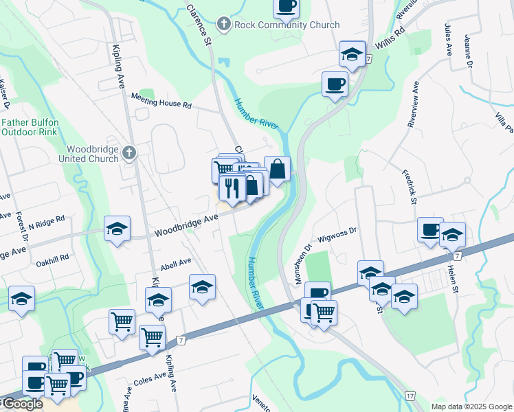 map of restaurants, bars, coffee shops, grocery stores, and more near 85 Woodbridge Avenue in Vaughan