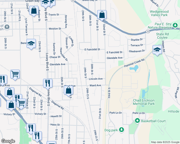 map of restaurants, bars, coffee shops, grocery stores, and more near 2604 30th Street South in La Crosse