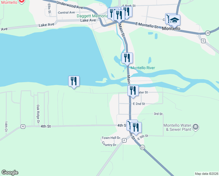 map of restaurants, bars, coffee shops, grocery stores, and more near 121 West Water Street in Montello
