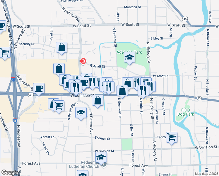 map of restaurants, bars, coffee shops, grocery stores, and more near 222 N Seymour St in Fond du Lac