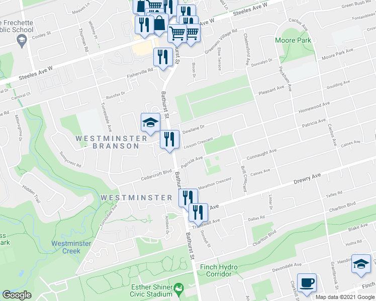 map of restaurants, bars, coffee shops, grocery stores, and more near 45 Lissom Crescent in Toronto
