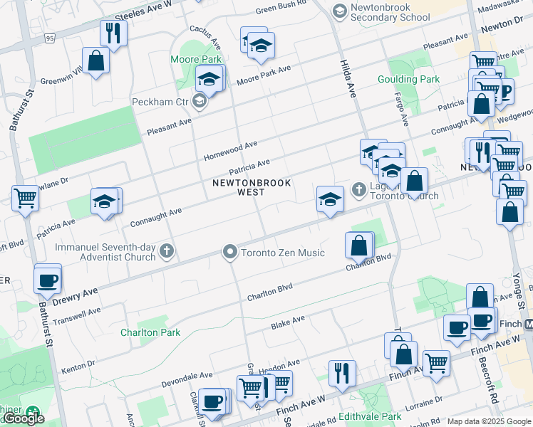 map of restaurants, bars, coffee shops, grocery stores, and more near 19 Caines Avenue in Toronto