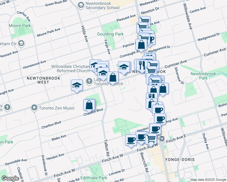 map of restaurants, bars, coffee shops, grocery stores, and more near 15 Burke Street in Toronto