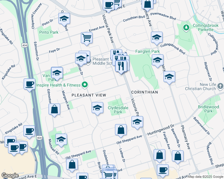 map of restaurants, bars, coffee shops, grocery stores, and more near in Toronto