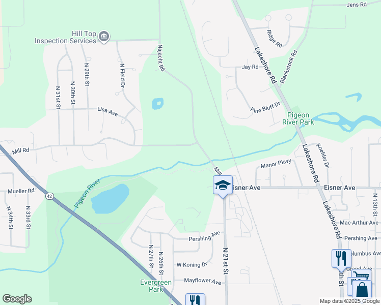 map of restaurants, bars, coffee shops, grocery stores, and more near 2221 Mill Road in Sheboygan