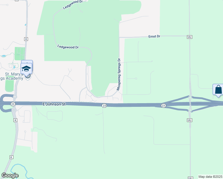 map of restaurants, bars, coffee shops, grocery stores, and more near 230 Whispering Springs Drive in Fond du Lac