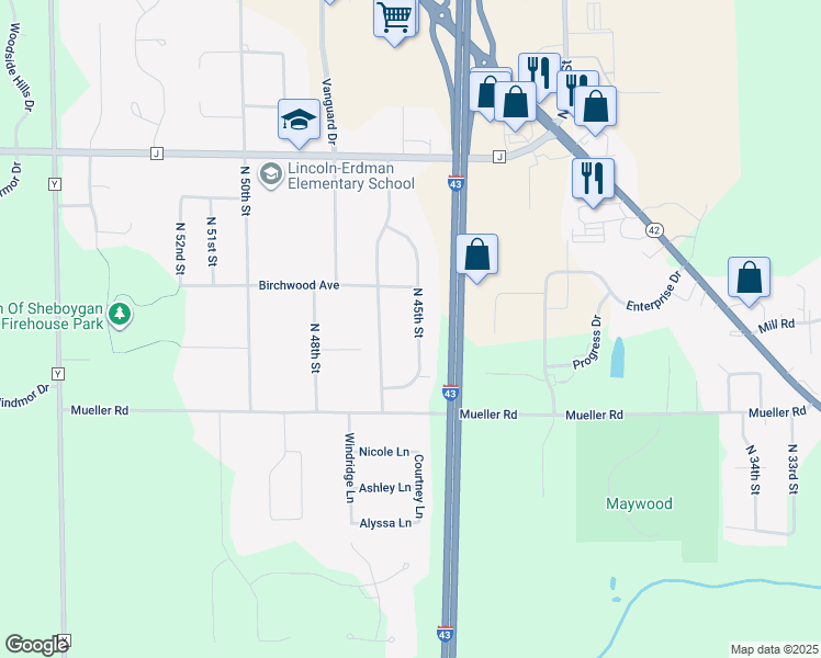map of restaurants, bars, coffee shops, grocery stores, and more near 3816 North 45th Street in Sheboygan
